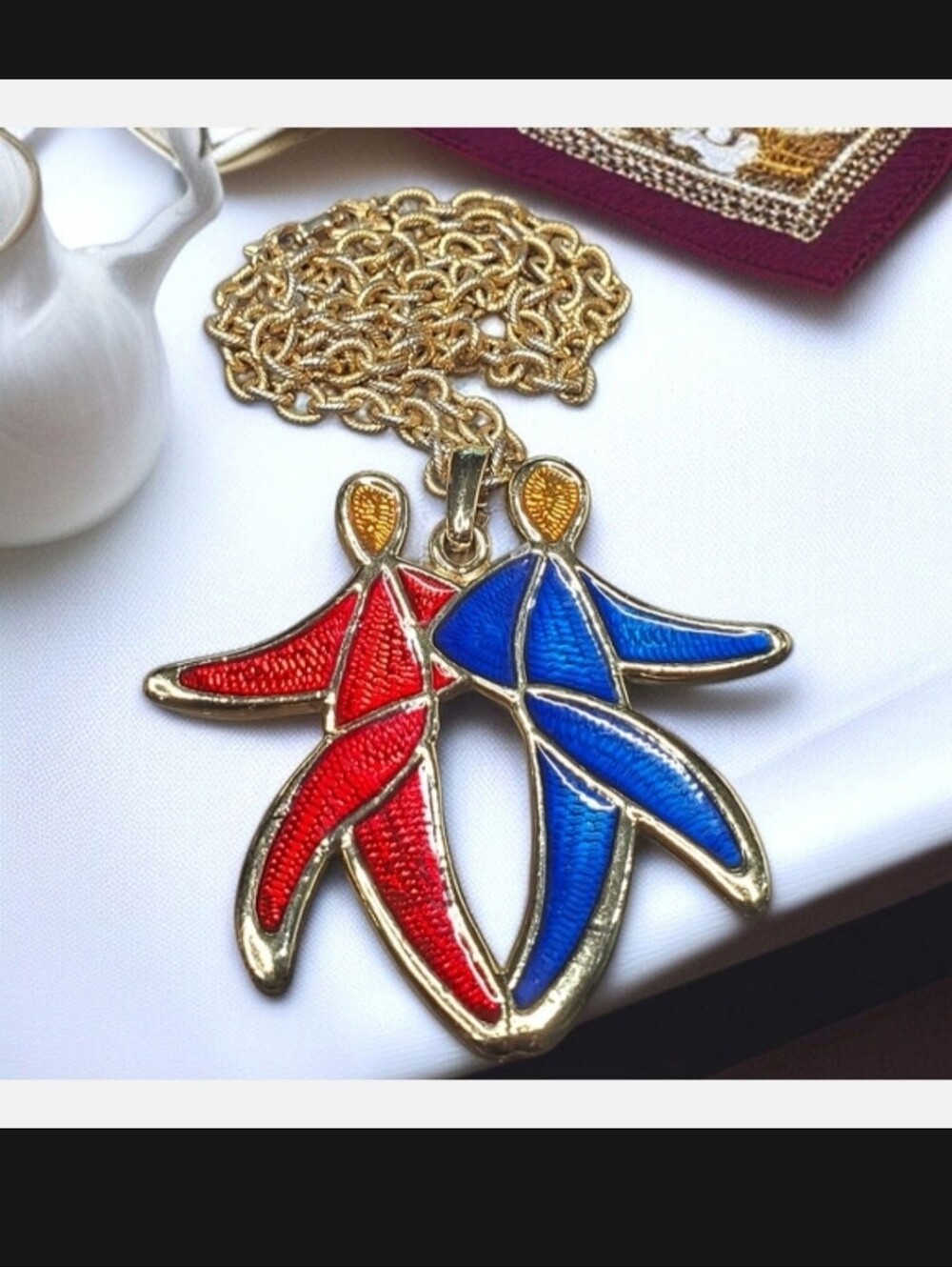 Huge Craft Ultra Rare Vintage Gemini Zodiac Enamel Statement Necklace